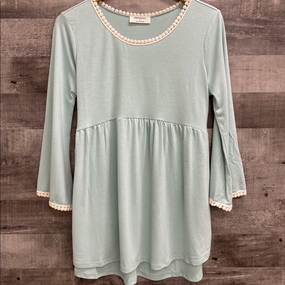 New Light Green Babydoll Tunic Top Shirt Pom Pom Shirring Detail - Picture 1 of 1